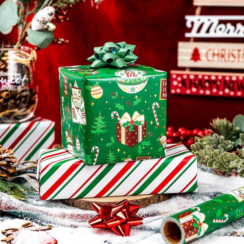 MAYPLUSS Green Christmas Wrapping Paper Roll, Reversible Festive Ornament Wrapping Paper, Metllic Foil Vintage Stocking & Bell Christmas Gift Wrap for Kid Holiday, Celebrations (17 Inch X 33 Feet) - Image 3